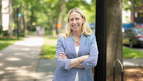 President Maurie McInnis posing on Yale's campus